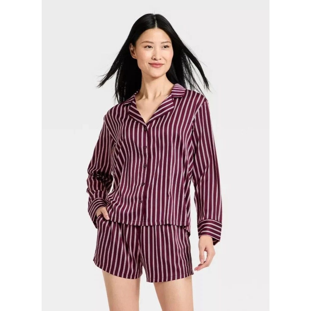 NWT Auden Women's Satin Luxe Pajama Set Burgundy Striped Top Shorts XS